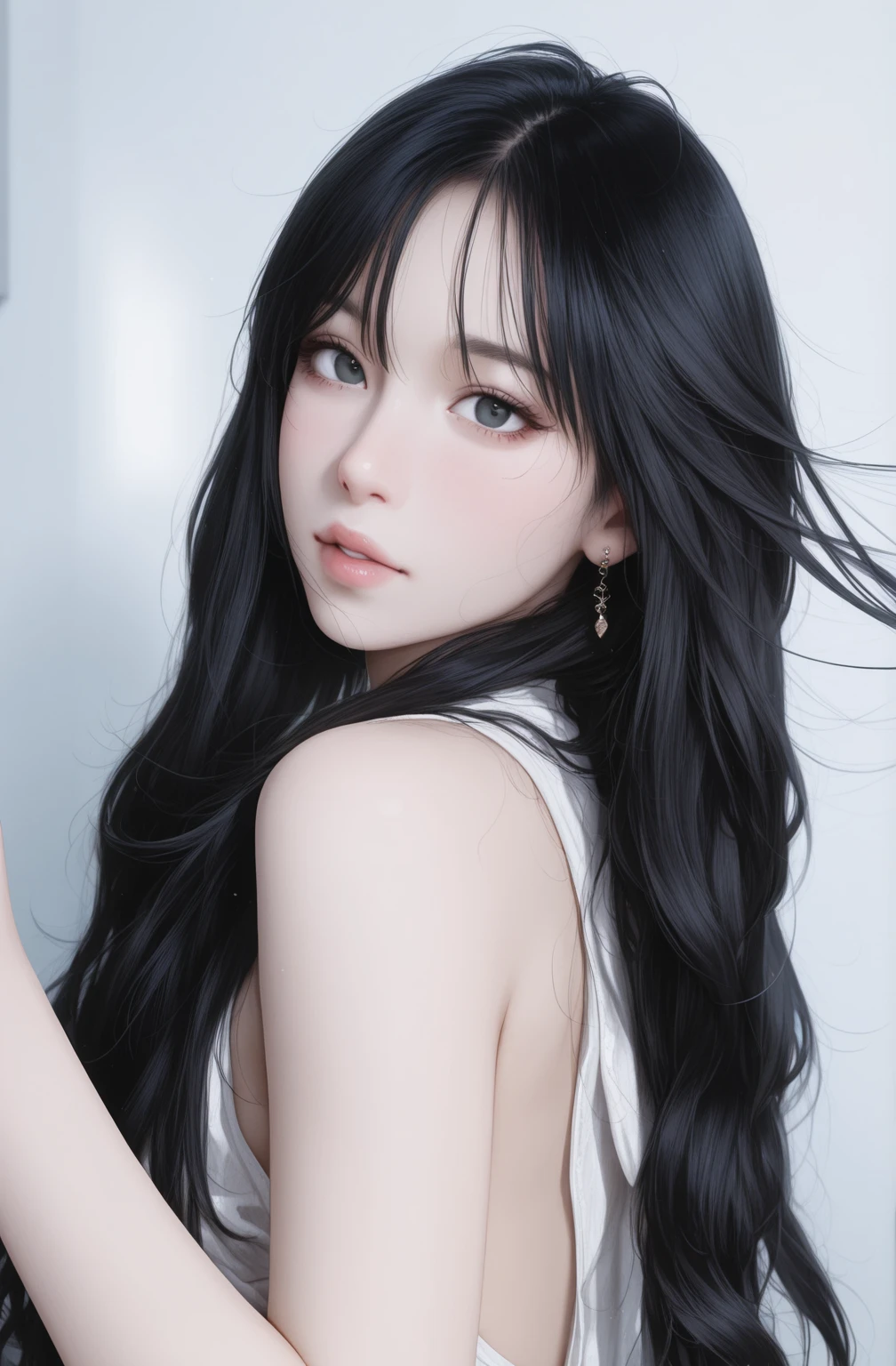 masterpiece, best quality, ultra-detailed, best shadow, beautiful detailed face, beautiful detailed eyes, High contrast,, 1girl, ite, (flat chest), bangs, hair over one eye, black bare shoulders,, white background:1.3, (face focus:1.3, eye close-up:1.3), ((from behind:1.3)), ass,