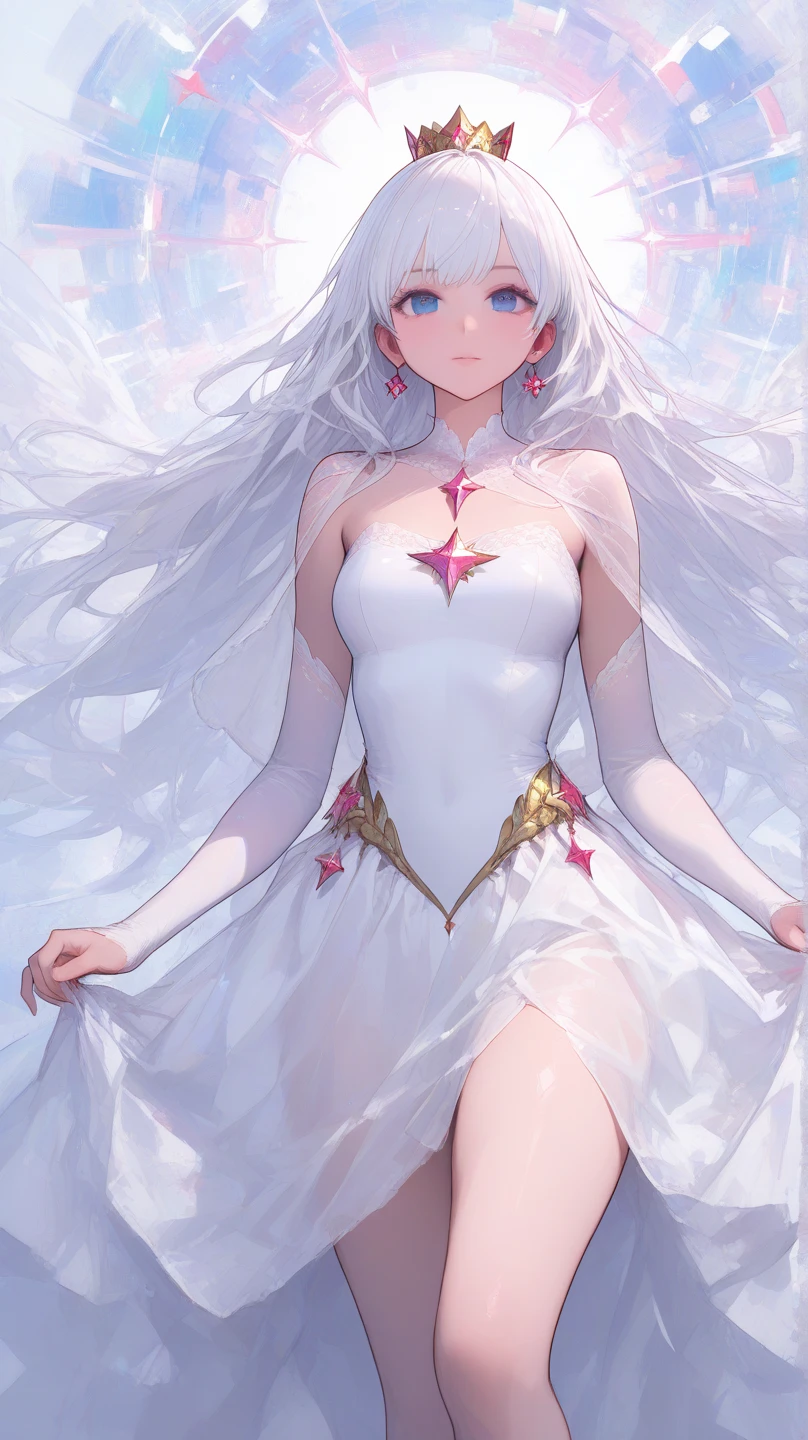 Character design, female, long white hair, wearing a white silver kimono, red eyes, small frame, very skinny, detailed, best quality, no accesoires around the neck, prominent collarbones, skinny arms, flat stomach, full body, visible hip bones, angelic