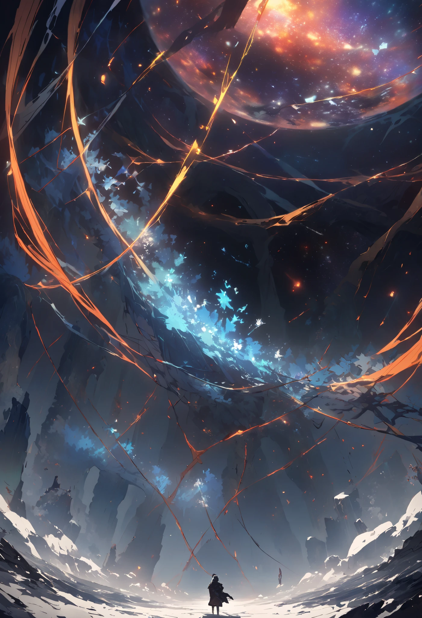 the environment is An immensity made of threads stretched in the void, Each thread is a broken link between two worlds. As they venture there, travelers can hear frozen thoughts Or walked in the memories of others. Some threads lead to pockets of alternate reality. 2d, organic and cosmic