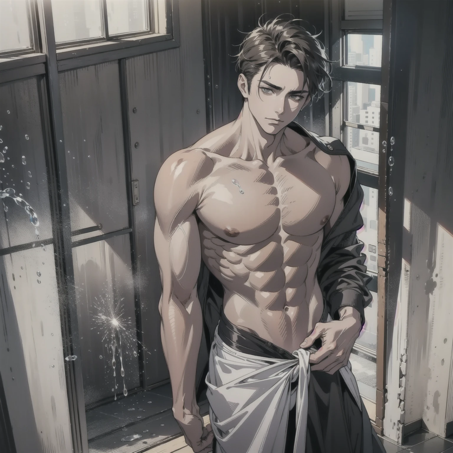1 man with tan skin, short hair exiting the shower, beautiful detailed golden eyes, muscular physique, water droplets on skin, steam, dramatic lighting, chiaroscuro, cinematic, photorealistic, 8k, best quality, ultra-detailed, hyper-realistic, dramatic atmosphere, cinematic lighting
