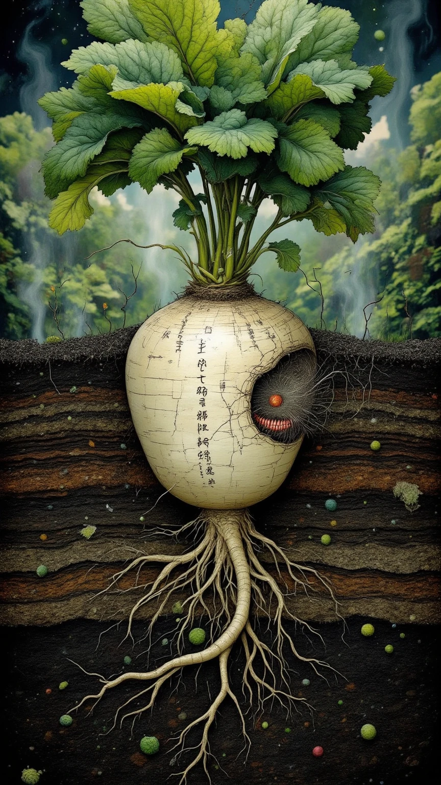 a hyper-realistic cross-section of a radish underground, its body unnaturally pale with etchings resembling ancient script, roots sprawling like neural tendrils sensing vibrations, soil infused with faint glowing veins and whisper-like filaments, leafy greens above with an eerie grin-like curl, subtle distortions in soil layers suggesting hidden depths, ambient surreal lighting from an undefined source, ethereal mist at the boundary between root and soil, slightly warped perspective

art style: surreal botanical realism, biological horror, hyperreal photorealism, uncanny garden, textured illustration with chromatic distortion and subtle horror cues, ambient occlusion with dreamlike softness