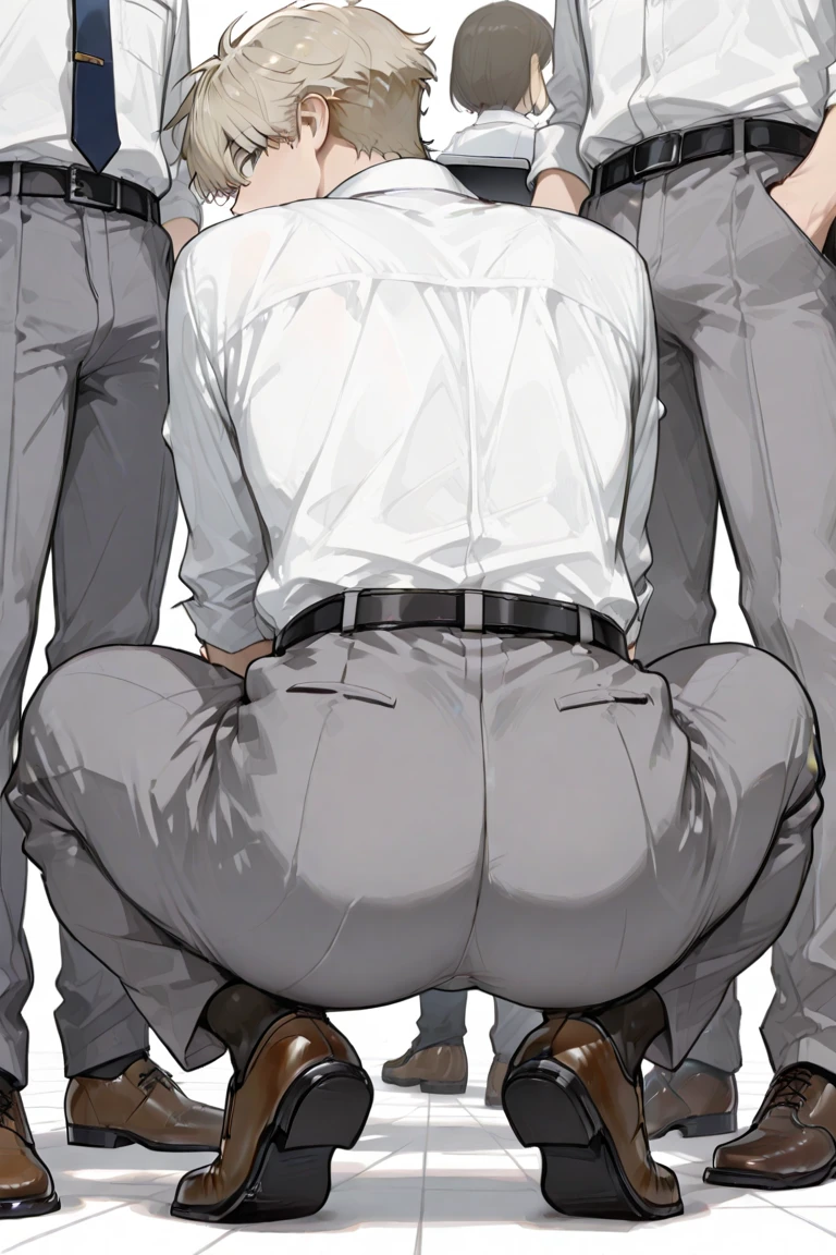 A3R1, Hector Fey ,Multi-view upper body, Suit pants view,legs separated,A3R1,pissing,Pee yourself,His own urine ran down his thighs,perfect male figure, Aerith Gainsborough ,The suit pants are wet,Urine runs down the leg of the trouser,Yellow eyes,sit astride,legs separated,Can't hold back urine,wants to pee,Wear a tie,wearing leather belt,Long Sleeve White Shirt,(The shirt is soaked),Black hair short hair,perspire,Black suit trousers,dress shoes,Nervously bow your head,is shy,embarressed,exhilarated,is shocked,panicking,worry,exteriors,On dry ground, A small puddle of his own urine formed around his feet,legs are open,Very eager to pee,Unbearable,Can't help but pee,Urine flows from the crotch to the legs,Incontinence,It's uncomfortable,Very anxious,Sweat runs from the crotch,Wet yourself,urinating,high detal,hentail realism,ultra-realistic realism,three sided view, A masterpiece of careful planning,A high resolution, hyper HD ,anatomy correct,super detailing,best qualtiy,A high resolution,8K