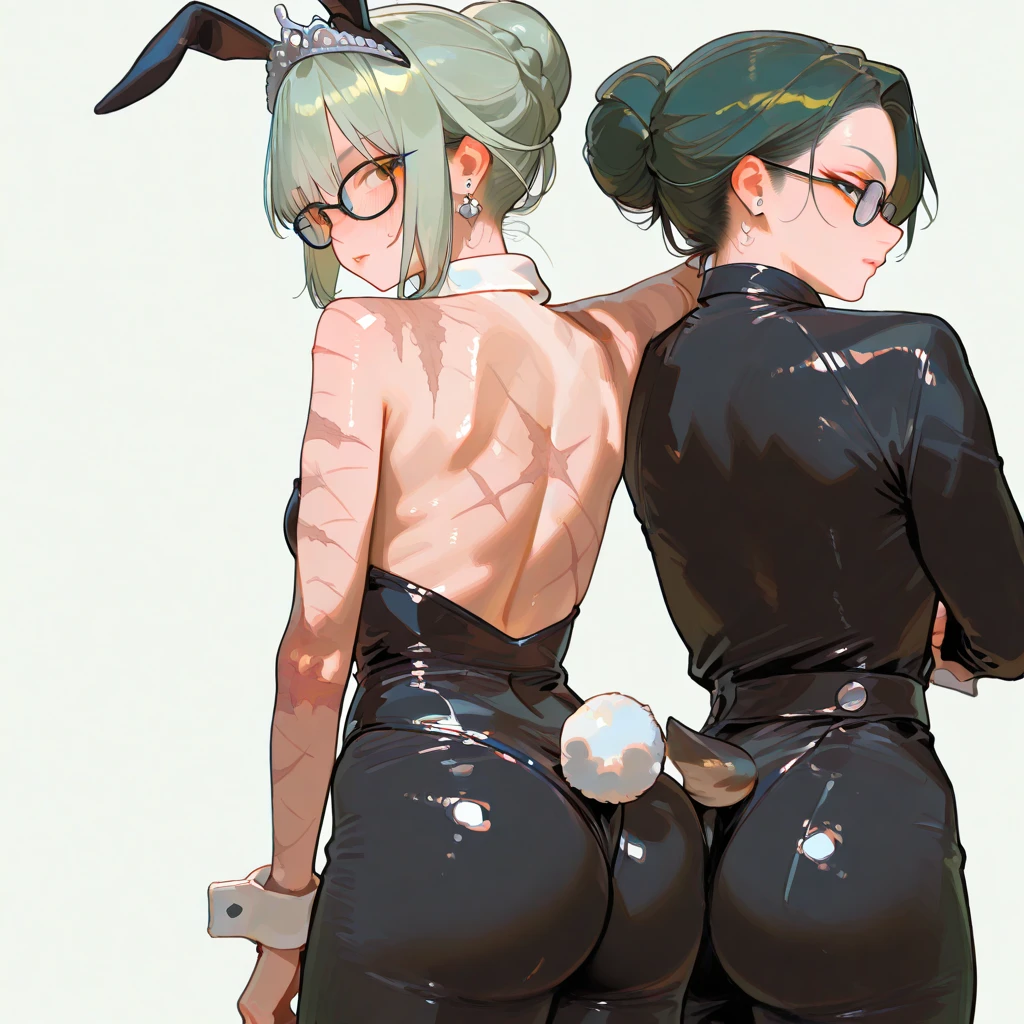 ((blood droplets)), ((blood)), ((blood splatter)), ((blood on clothes)), ((blood stain)), Masterpiece, Beautiful art, professional artist, 8k, Very detailed face, Detailed clothing, detailed fabric, 2 girls, Soul Fullness \(Honkai Impact 3rd\), view from behind, perfect ass, standing, BIG BREASTS, perfectly drawn body, shy expression, pale skin, beautiful face, short dark blue hair, 4k eyes, very detailed eyes, pink cheeks, choker:1.6, (white long sleeve button down shirt with white collar), black gloves, gloves that cover hands, (holds an ax with his right hand), (black leather corset), (shiny black leggings), Sensual Lips , winter night, show details in the eyes, looking at the viewer, dark forest, Atmosphere, fog, At night