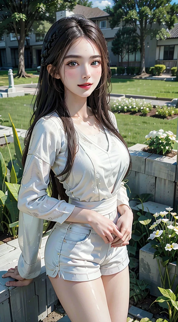 ((((Highest quality))))、(((Ultra-precision CG16K wallpaper)))、(((masterpiece)))、(((Super detailed)))、(((Extreme detail)))、((１Mature 29 year old woman:1.6))、((Very beautiful Japan face of a person))、((Urizane Face:1.8))、((Medium Straight Hair、Straight Hair、blunt bangs:1.8))、(Shiny Hair)、A delicately drawn beautiful face、Dark Eyes、double eyelid、High nose、Small nostrils、Small Mouth、Seductive lips、Beautiful breasts、((C cup size breasts))、Cleavage、Beautiful feet、eight-headed body、Perfect proportions、Perfect Anatomy、Perfect composition、Beautiful detailed shading、Beautiful, natural lighting、Beautiful detail glow、Depth of written boundary、(((High chroma)))、(((Real:1.9)))、((vivid:1.5))、((Beautiful Skin))、((Skin Texture))、((Realな皮膚感))、(((Cowboy Shot:1.6)))、((front view、shoot from front、front low angle:1.6))、(((Half-open mouth、Surprised face:1.3)))、((The woman is looking at this、looking at viewer:1.6))、Bright daylight、Natural light、(((Grass Square、Sky and Clouds:1.5)))、(Fashion model standing pose:1.6)、(((Light pink collared sleeveless lace knit mini dress:1.6)))、((hair band、necklace、Wearing earrings:1.5))、((Lace-knit knee socks:1.3))、