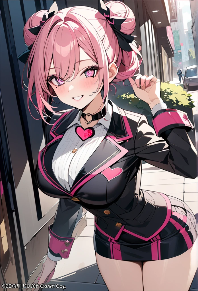 1 girl, pink long bun hair, Symbol-shaped eyes, +_+, big breasts, blazer type uniform, {girl with pink long bun hair named Nami}, (Pink eye color), {downtown}, (smile), bright background , mole under eye, heart shaped choker, (masterpiece, highest quality), very detailed, highest quality, official art, beautiful and aesthetic: 1.2), (1 girl), very detailed, (geometry art: 1.3), colorful, most detailed ?d1 girl, pink long bun hair, Eye of the symbol, +__+, big breasts, gothic costume, {A girl with long pink bun hair named Nami}, (Pink eye color), {downtown}, (smile), bright background, (garden,beautiful flowers々),mole under eye, heart shaped choker, (masterpiece, highest quality), official art, beautiful and aesthetic: 1.2), (1 girl), very detailed, (geometry art: 1.3), colorful