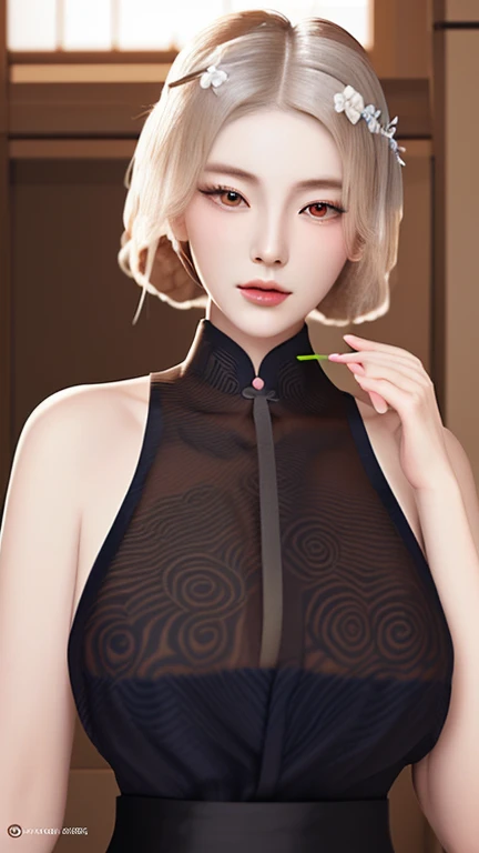 portrait of a full body, photo realistic, Beautiful Chinese woman, Adult video actress, Standing in a lecture hall full of students, Whip in hand, Slim figure, Height 1.6 meters, Perfect body proportion, 34C breasts, nacked breast, Slim waistline, Elongated legs, 28-inch hips, Fine fine skin, Full forehead, Slender eyebrows, Wearing a Chinese silk skinny cheongsam, Suspender stockings, Stiletto heels, seductively posed, silver hair, bangs, curly hair, hair slicked back, medium hair, jewelry, longeyelashes, earrings, makeup, serious, red lips, forehead, hair ornament, cinematic lighting, three sided view, masterpiece, super detail, best quality, 8k, textured skin