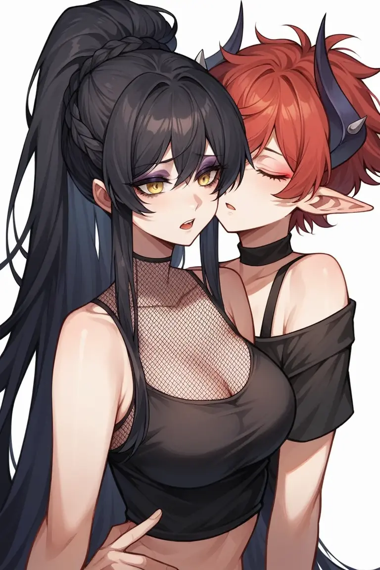 Swim suit, demon horns, kissing while giving handjob, seductive smile , red eyes, in classroom, mind control