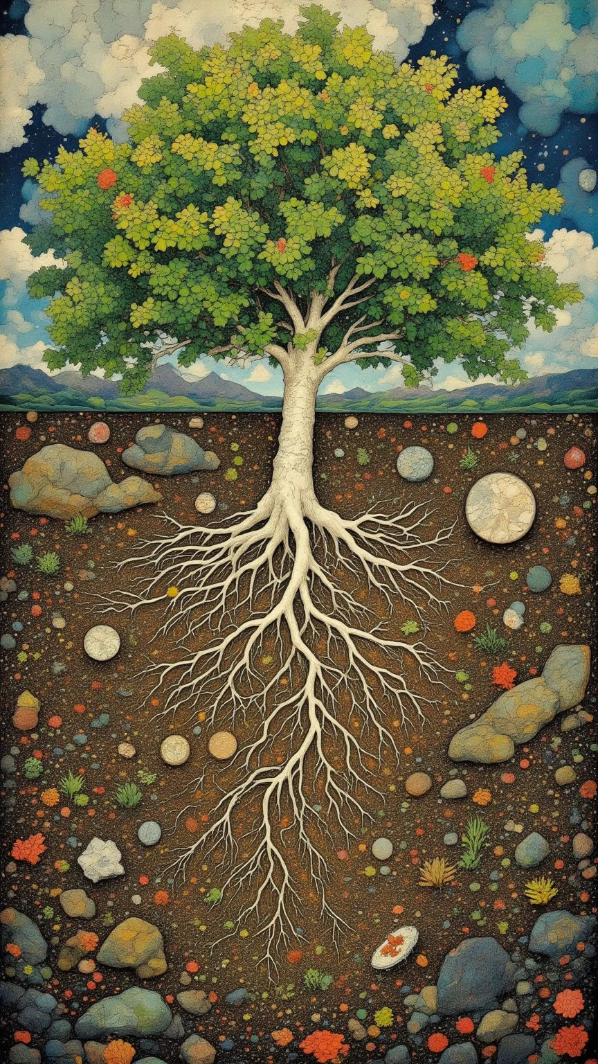 Deeper. Deeper. No end. No noise. Skin rejects the soil.  

Is it flesh? Root?  
No—it is something else. Something unspoken, unwelcome, unwritable.  
You must not unearth it. You must not look away. You must know, without knowing.  

The leaves are not growing.  
They are escaping.  
Above is not the sky, but a mirrored scream for the seen.  
Each sunrise gnaws at buried nerves, boiling forgotten thoughts in silent collapse.  

Who planted it?  
Wrong question.  
Who came back from it?  

The white root grins.  
No—it doesn’t smile.  
It simply remembers you.  
It always has.  
