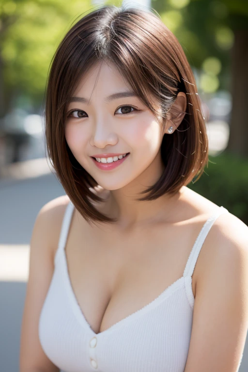 A cute young woman(age 20, Asian, not big boobs, bot big butt. Slim. Short hair) is giving off 'notice me senpai' when she sees viewer