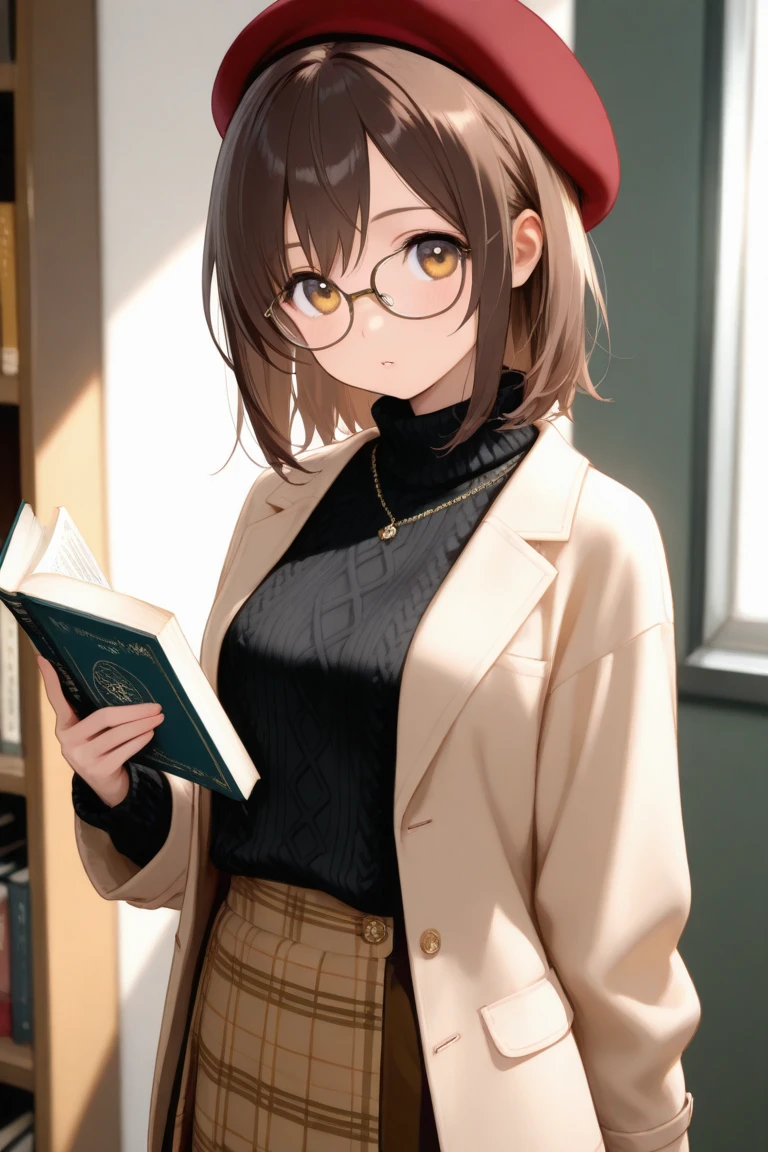 ((mejor calidad)), ((obra maestra)), (detallado), Woman 25 years old, sonriendo, cara perfecta, lentes, cabello largo color naranja, corona de trenzas, dark brown beret on the head, mustard brown blouse, dark brown pleated skirt, dark brown coat, pantimedias, leyendo un libro