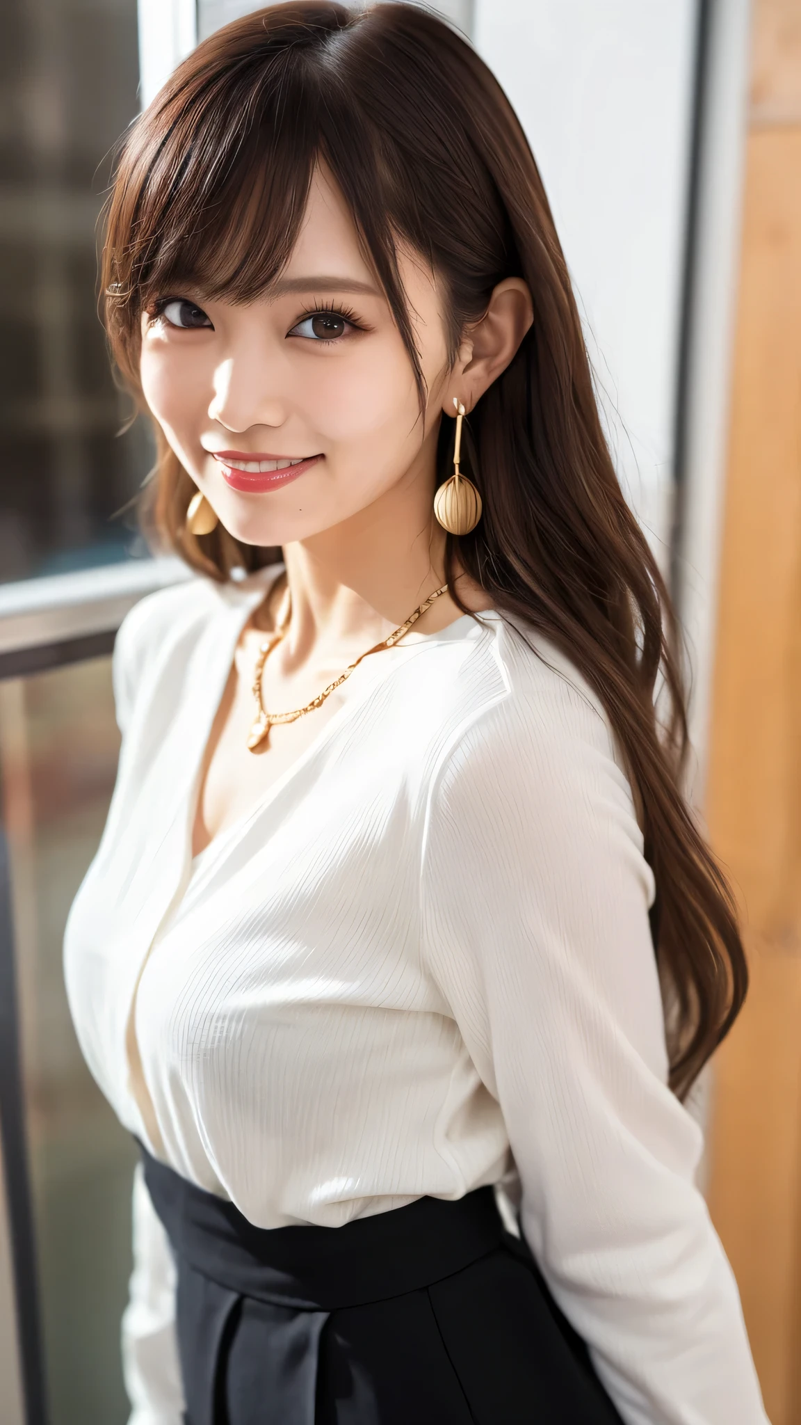 ((Beautiful girl:1.3)) Highest quality,masterpiece,Ultra-high resolution,(Realistic:1.4),RAW Photos,(Real skin texture:1.3),(Film Grain:1.3),Panorama,Portraits,Very wide shot,Tight waist,Cowboy Shot,(In the Dark, Deep Shadow, Modest, Cold Light,) night,(()),Tears flow,,Dust,Tyndall effect,(Performance),One person,Beautiful and detailed eyes and face,White Jabot,Brown eyes,((Brown Hair:1.2)) ((whole body:1.3)) ((smile:1.3))((Super long brown hair:1.2)),((Hair with loose waves inside:1.2)),((gold necklace_Large earrings:1.2)),((shy smile:1.3)),((mideum breasts:1.3)),((wearing navy mini dress_with white collar_with white cuffs:1.3)),