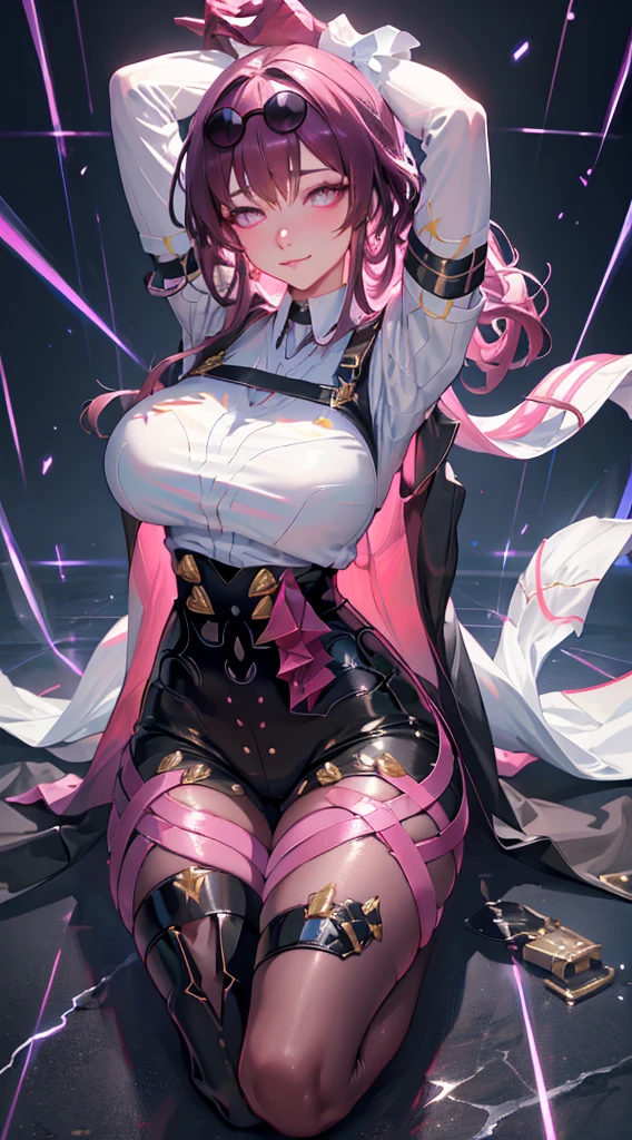 ( A high resolution, ultra - detailed, HighDynamicRange), tmasterpiece, Best quality at best, gaming character , Short hair details, （beautiful woman），Anime eyes, Mobile legendary heroes, detailed scene, Detailed characters，(pointed opal&#39;of clothes)，magia，((cleanness，hair sparkling like diamonds)),pink eyes, pastel pink hair, plaits in hair, bunny ears, glasses, Christmas hat, micro bikini, wink, sexy