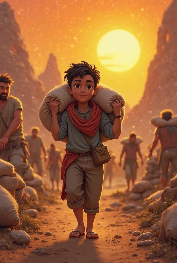 Alex (consistent character) family working in a dry, barren field, with the boy looking on, worried and feeling helpless.