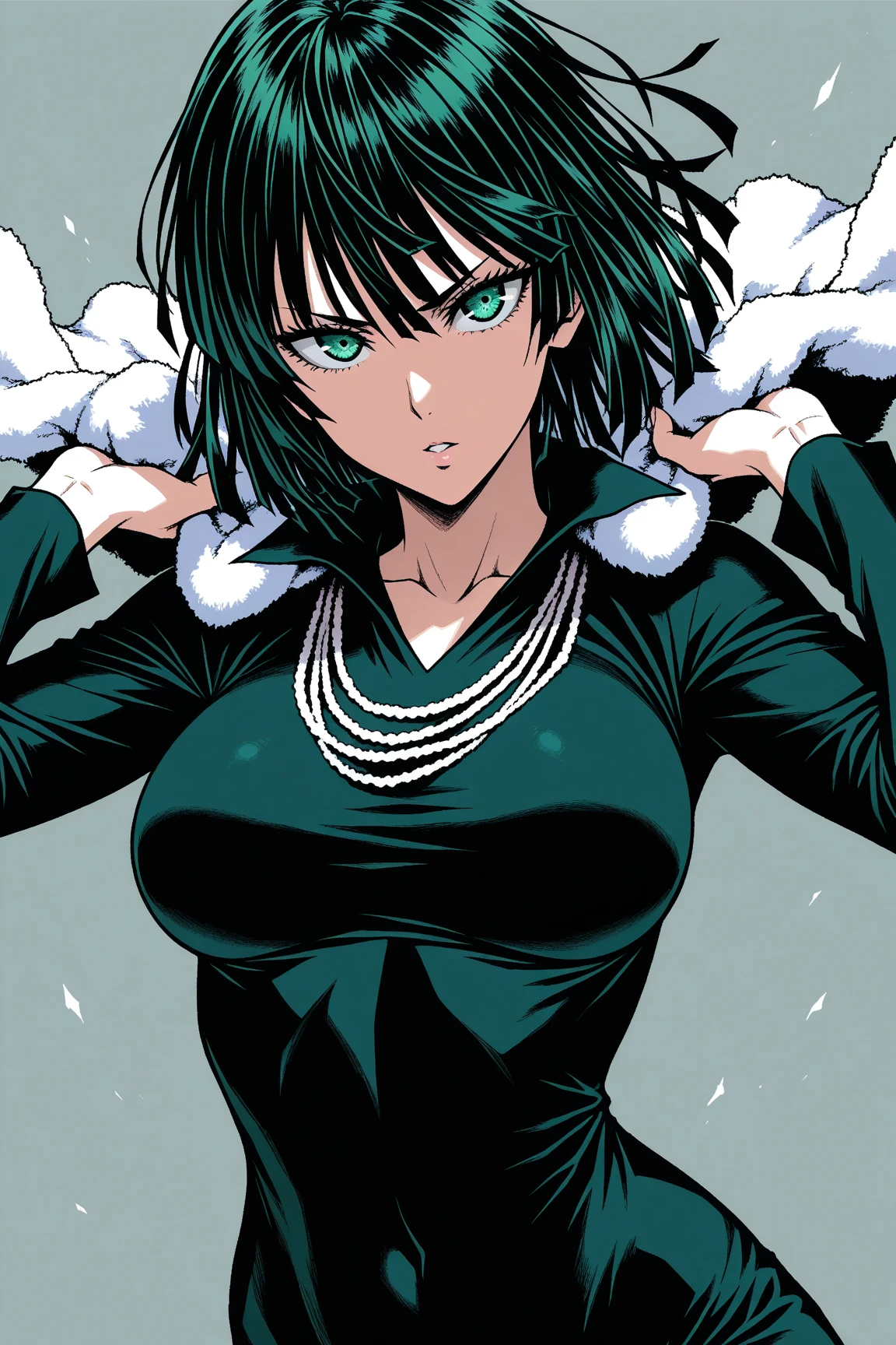 1girl, fubuki \(one-punch man\), black dress, black hair, large breasts, fur coat, <lora:murata_yuusuke:0.4>
