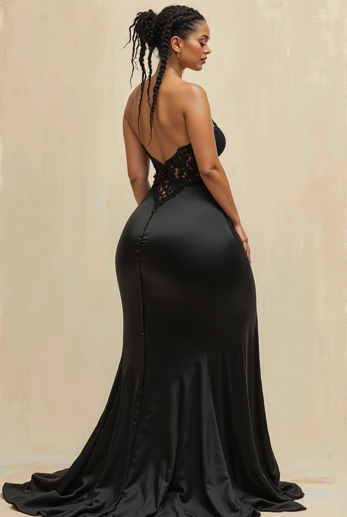 A black dress with v neck full sleeves and a slit with proper accessories and hairstyle and a cluth  chubby girl prom night look realistic image some other images 