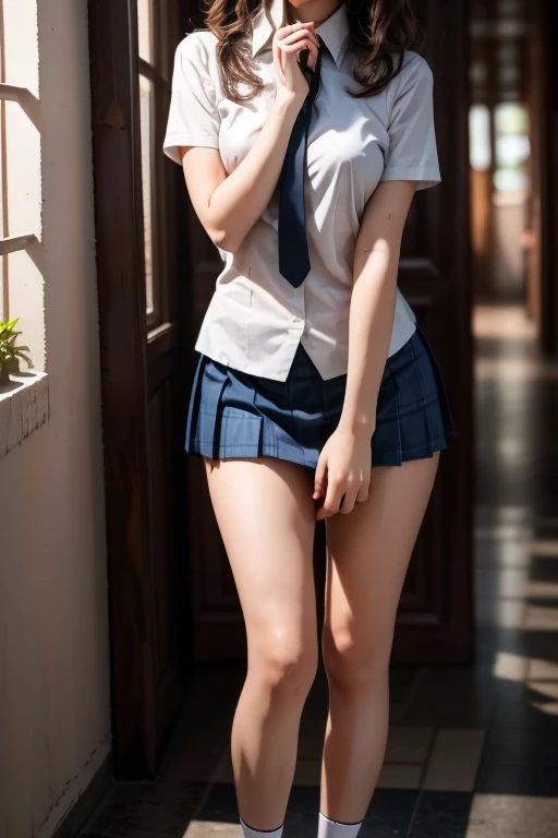 (((professional: step by step, god level final result), 40% nude)): "18 year old girl with medium light brown hair with two pigtails, has a perfectly formed body, medium breasts without wearing a bra with a formal dress, very open legs. composed of unbuttoned white low-neck V-neck blouse, mischievous expression, pleated cowboy-style miniskirt with navy blue plaid, bare buttocks, mid-thigh stockings, size 10 heels, only 1 girl view, seductive Professional