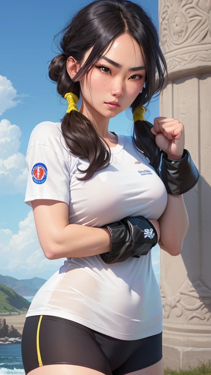 Masterpiece: 1.2, Best Quality), Realism, (Real Pictures, Intricate Details, Depth of Field), (1girl, Solo), Fair Skin, Delicate, Lee Ji-eun IU Face Shape, Lips Apart, High Detail, Perfect Face, (Huge Tits: 1.2) Wide Buttocks, Thin Waist, Ponytail, (Girl playing volleyball, White volleyball uniform, shorts), (Sweating: 1), (Wet)