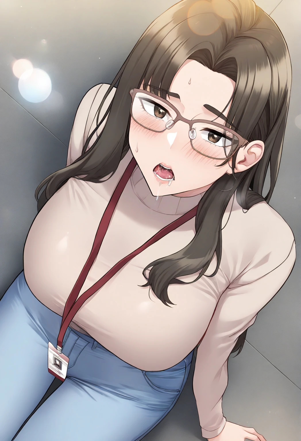 Rounded chubby face with eyeglasses, chest level brown hair, chocolate brown eyes, round nose, full cupid lips.