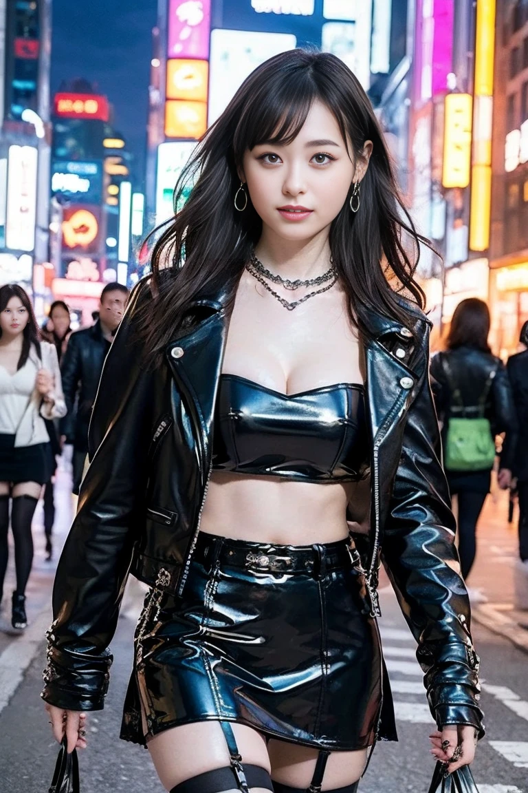 (RAW photos, best quality), (Practical, Photo Practical: 1.3), best quality, Very detailed, masterpiece, Ultra Detail, 1 American rock girl, Very detailed的脸部，Exquisite eyes, Full body portrait, Perfect body，(((Rock Style)))，Sequin costumes，leather over coat，Short skirt，Complex accessories，Thick iron chains，large necklace，Very huge cleavage，Long legs，Long-range shooting, World masterpiece Theater, Stylish_long_hair, best quality, Movie Lighting，Stand on the rooftop
