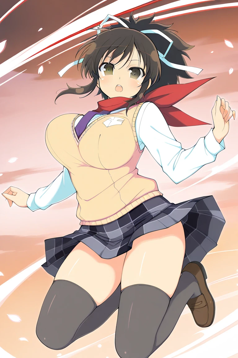 alone, One girl, Happy face, View your viewers, Crown Blade, hair ornaments, Hair Ribbon, Pink tie, Black long sleeve, Pink Skirt, Knee socks, Cleavage, grassland、Black Hair、Red Eyes、(blush:1.2)、sit、cherry blossoms、(I can see your pink underwear:1.2)