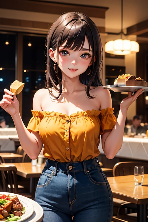 (masterpiece:1.2, top-quality), ultra high res, ultra detailed, (realistic, photorealistic:1.4), beautiful illustration, perfect lighting, colorful, depth of fields,
looking at viewer, full body, front view:0.6, 1 girl, solo, japanese, university student, (large breasts:0.8, large ass, seductive thighs, skindentation),
(long hair:1.5, messy hair:1.2), light purple hair, asymmetrical bangs, emerald green eyes, (shiny skin),
beautiful hair, beautiful face, extremely detailed face, beautiful detailed eyes, beautiful clavicle, beautiful body, beautiful chest, beautiful thigh, beautiful legs, beautiful fingers,
(beautiful scenery), night, dining room, dining table, dining chair,
((black sports bra, yellow tank top, denim mine skirt)), bare legs,
(sitting chair, grasp the rice paddlewith your right hand, grasp the rice bowl with your left hand), (happy smile, open mouth), camel toe,โชว์กางเกงใน, กางเกงในสีขาว,