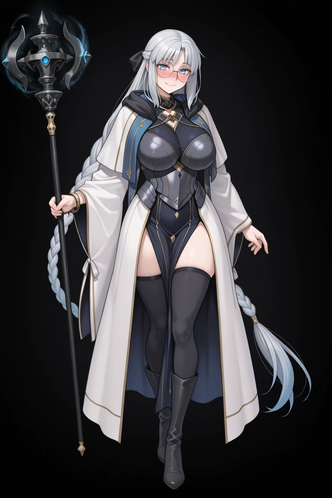 High quality, blue eyes, long white hair, gigantic breasts (G size), mage woman, black bikini armor, metal boots, metal gloves, alone woman, full body. cape. Magic. Big . Great breasts