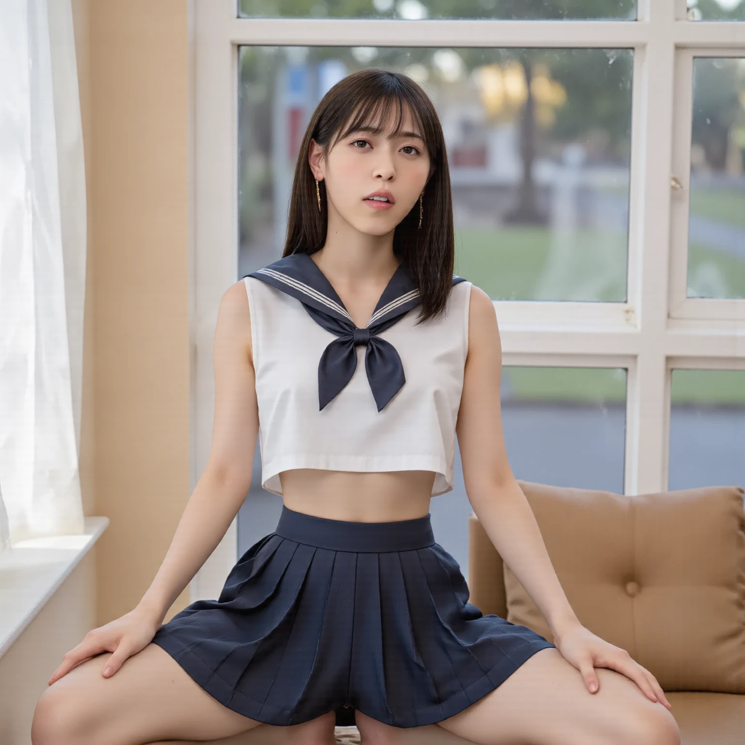 high school girl, , ((Sailor suit:1.3)), ((Red ribbon)), Black pleated skirt, mini skirt, Brown leather shoes, ((Black knee-high socks)), height: 158cm, 16 years old, Realistic, Browsing Caution, ((Pussy Crack:1.1)), ((spread pussy:1.1)), On the stairs in the park, ((Shiny skin:1.3)), cute, cute, Japanese, 最high quality, shape, Very detailed, In detail, High resolution, 8k wallpaper, Perfect dynamic composition, Beautiful details,  Big Breasts, Random sexy poses, whole body, Like a real human being, smile, gravure, 1 female, Black Hair, Long Hair, 15 years old, (Big Breasts:1.3), 最high quality, 8k, high quality, High resolution, (Thick lips), ((Looking at the audience)), double eyelid, Beautiful woman, whole body, Dutch Angle, Fashionable necklaces, Medium Short Hair, (pubic hair:1.3), ((spread legs:1.3))