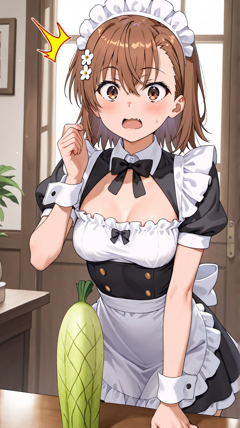 score_10, score_9, score_8_up, score_7_up, BREAK, source_anime, anime screencap, anime coloring, detailed face, 1girl, TachibanaKotoha, brown hair, medium hair, forehead, amber eyes, hair behind ear, earrings, mole under eye, (wearing sexy frilled pink micro maid bikini, maid katyusha, waist apron, pink collar, pink cuffs, pink zettai ryouiki thighhighs, thigh gap, groin, partially visible vulva, wedgie, undersized clothes), indoor, standing at the kitchen, holding dildos, warts,dildo, frown, angry, full-face blush, trembling, clenched teeth, looking at viewer, house, thigh gap, unshaven hairy natural armpit hair, unshaven hairy natural public hair, large breasts, erect nipples