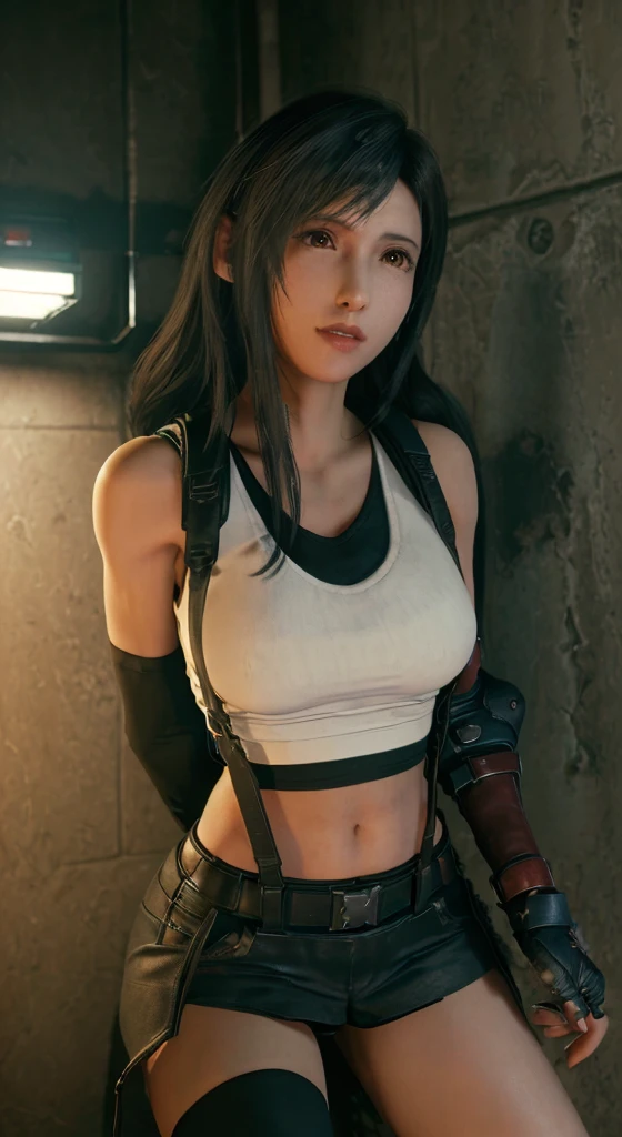 (8k、Highest Quality、A masterpie:1.2)、(Realistic、Photorealistic:1.3 People 7)、Super detailed、Girl 1 Mature Mature Woman Mature Woman、cutest、独奏, (Tifa Lockheart)、(big breastes), (((change, Show well)))、(((black bra)))、(pretty eyes)、(Smiling smile:1.2)、(hooded)、(erotic pose:1.3)、underwear, Dance、Neons、Street landscapes、and depth of field、Dark and strong shadows、sharp-focus、Auto、Motion blur、and depth of field、composition、Glowing green light、Final Fantasy VII、instrument、(nose blush)、Single elbow pad、ankle boots、dark black hair、black thigh、red boots、elbow gloves、elbow pads、partially fingerless gloves、tight shirt、sports bra、(Suspenders,)black skirt、thights、white tanktop、All over body、headrest、s lips、facial、Long hair with low Thai、(red eyes:1.2), (night time:1.3)、Complex、bokeh、Cinematic lighting、Photon mapping、radiosity、physically based rendering、(Tetsuya Nomura style)、NSFW、A perfect chest