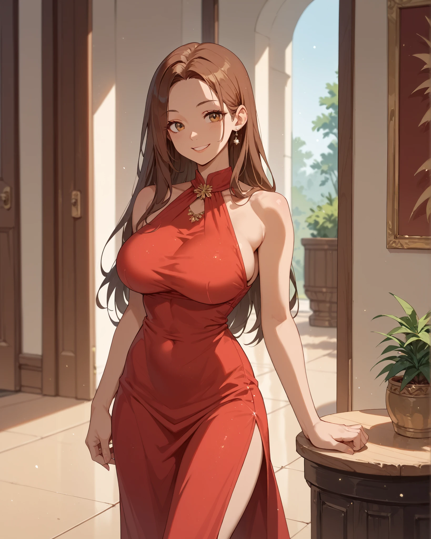 cartoon,Inusen, 1girl , long hair,breasts,smile,large breasts,brown hair,dress,sleeveless,indoor,l,red short dress, high quality