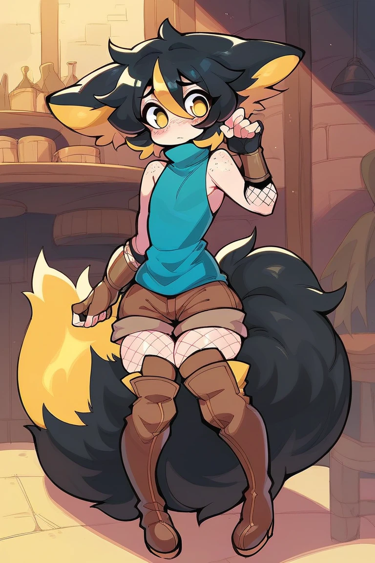 (masterpiece), 8k, dynamic lighting, expressive eyes, perfect face, fox girl, voluptuous, (brown blonde and dreadlocks:1.4), (gaunt body), fox tail, pout face,
BREAK, 
blank background scenario, sheer mesh bodysuit adorned with intricate tribal-inspired patterns, hugs the curves like a second skin, High-waist shorts, shredded and frayed, offer a daring peek at toned thighs, Tattered scarf worn as a makeshift belt, fishnets, high heels, laced with leather straps, complete the ensemble with a rugged elegance, hands on hips, 