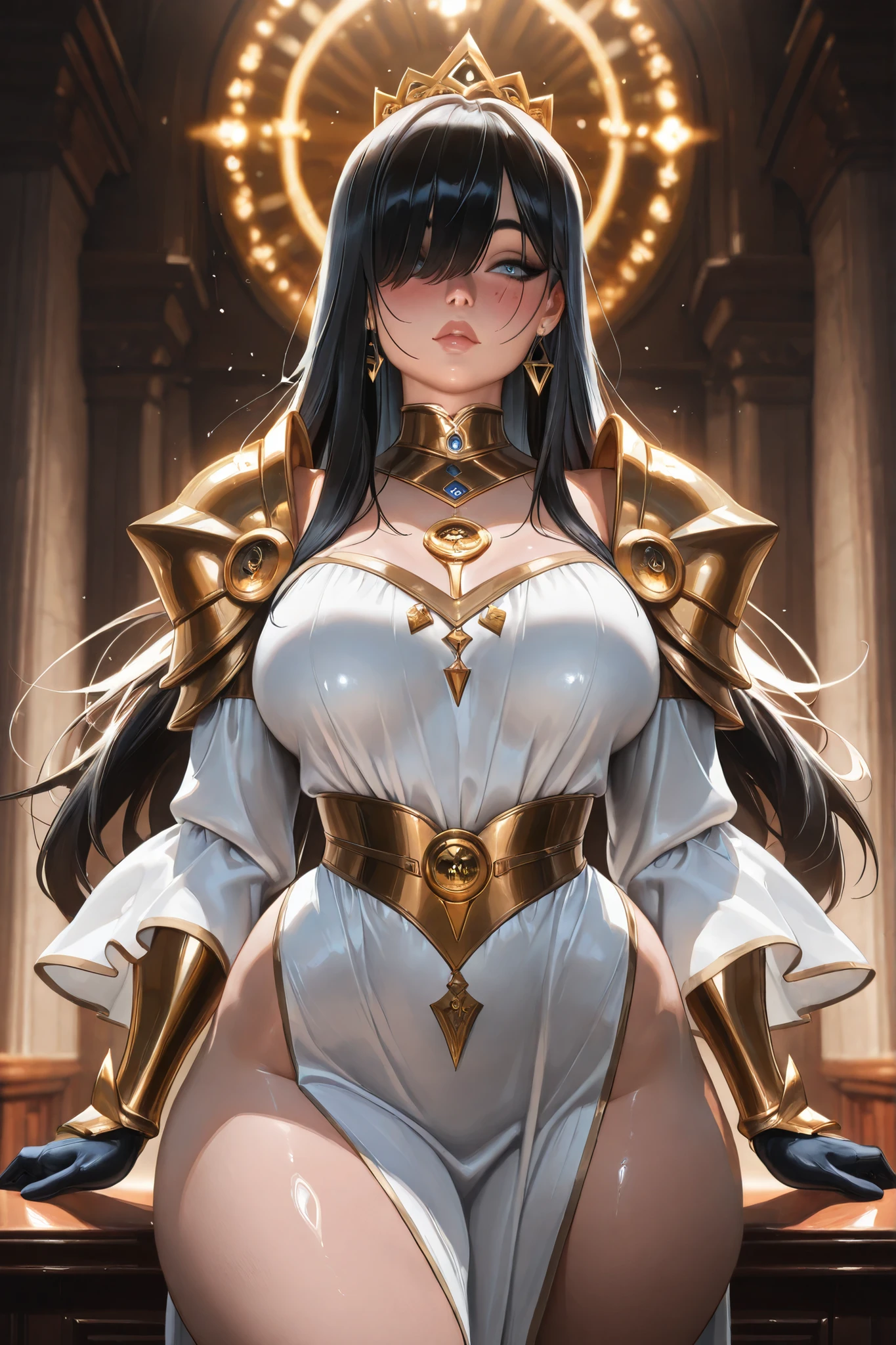 1girl, solo, leaning on white marble wall, sexy face, sexy, cute face, bangs, long hair, look away, shy, nose blush, concept art, freckles, lay light on the wall, passionate, medium breast, fit body, long waist, (thigh gap), wide shoulder, short hair, white hair, hair over one eye, open blue coat, brown gloves, black pants, earrings, seductive, enchanting, (biting lip), erotic