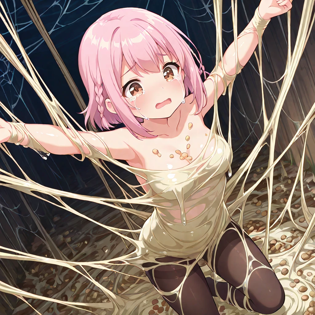 One Naked Girl、Light orange hair、Red eyes、At the bottom of the abyss、Being tied up with hands behind back、Lying、Wide-open legs、Are crying、I'm stunned、Nipples、Pussy、His whole body is ugly and black with dust.、A lot of worms crawling around、semen