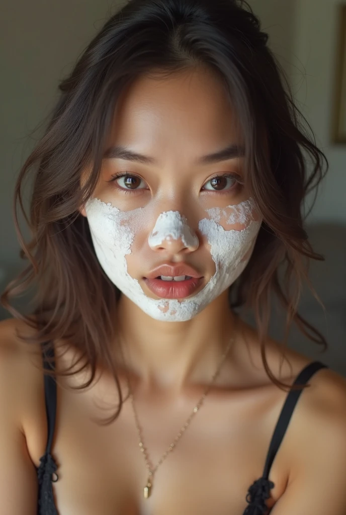 There's a woman taking a selfie with a cell phone, mascarilla, photoshoot for cuidado de la piel brand, His face is covered with a white, Mascarilla, The mask covers your entire face, Asian face, Cara limpia, cuidado de la piel, Cara limpia and body skin, crema goteando en la cara, perfect face symmetry, mask off, His face is covered with a whitish