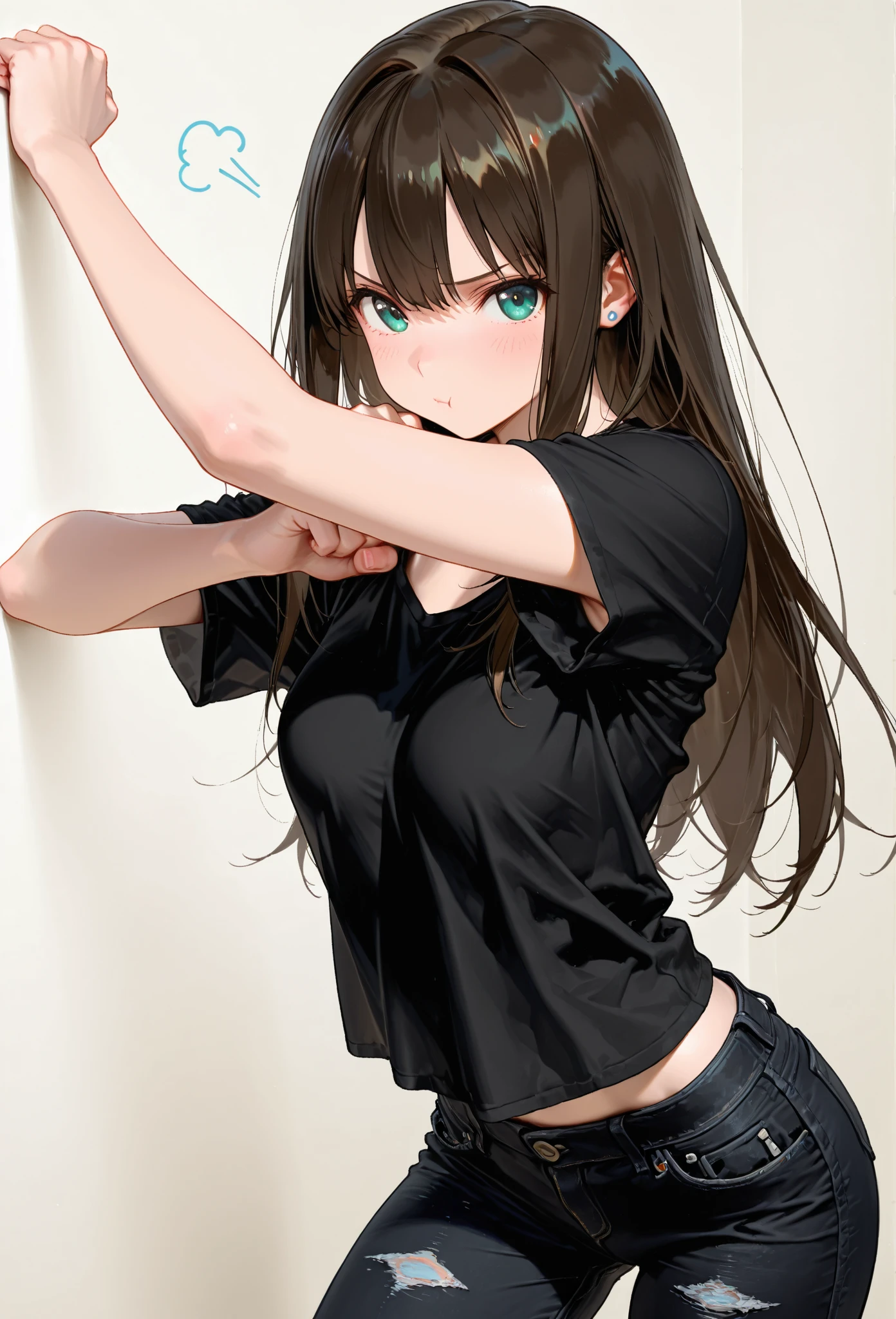 1girl, underwear, lingerie, tight shirt, big chest, reaching at the top of a cupboard, shiny skin