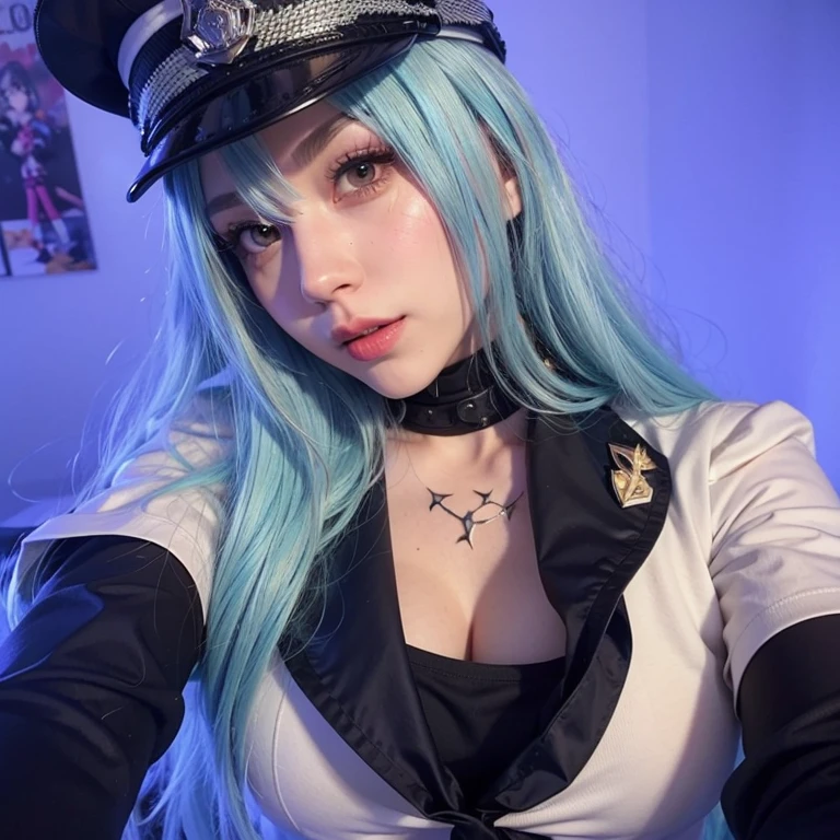 (artwork, best quality) a girl with long blue hair, blue eyes, blue eyelashes, white sailor suit with captain's hat, tattoo, big breasts, biting her lip, sensual, taking a photo with her cell phone in front of a mirror