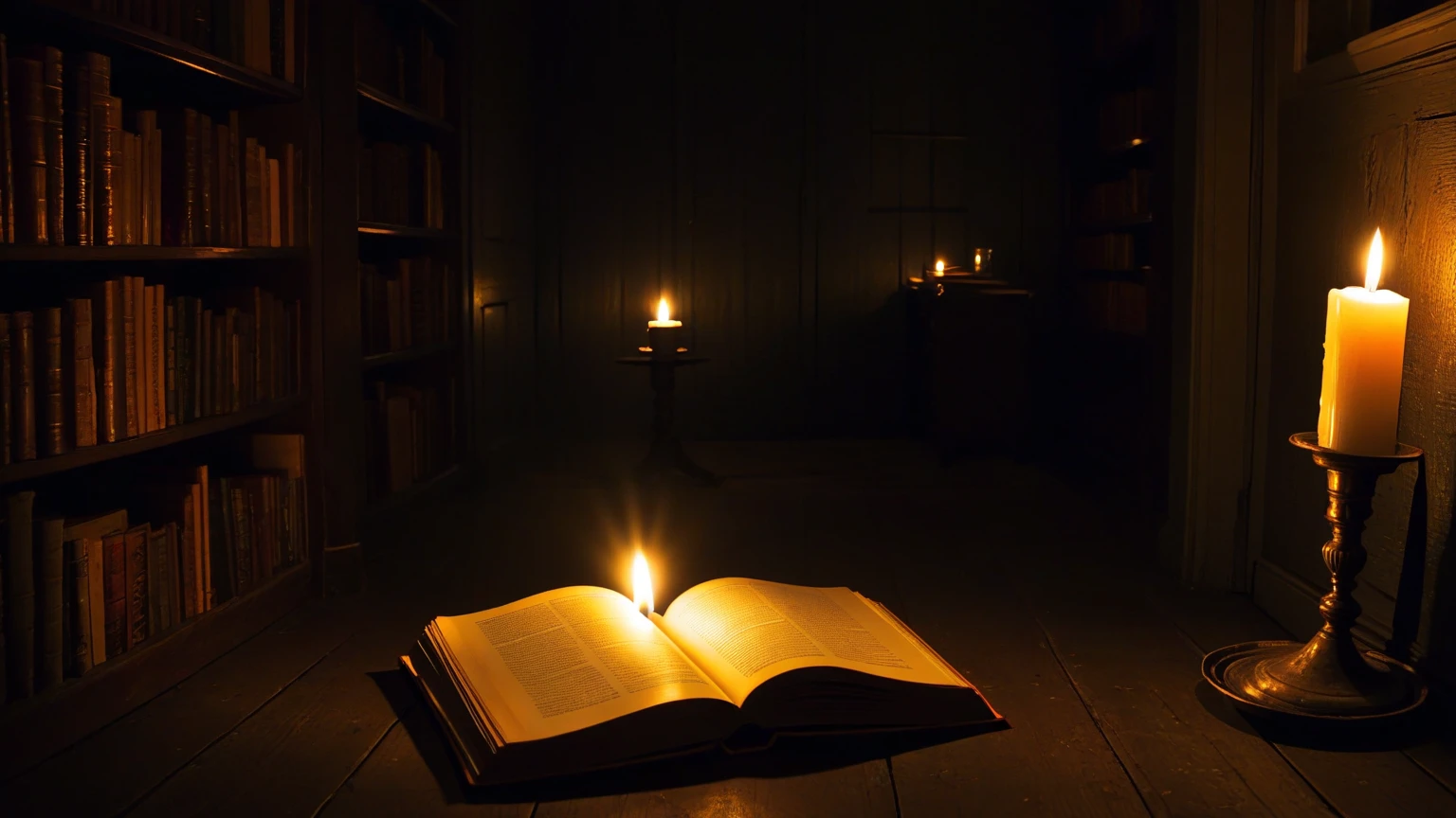 <lora:NigelParry_P4RRY:0.65> P4RRY, an extreme closeup of a book lying on a desk in a dark room at night with candlelight, monochrome