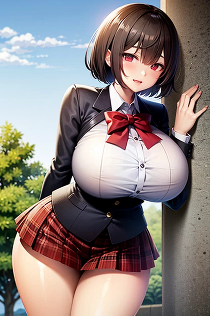 Anime illustration、High resolution、smile、A busty, chubby, lewd high school girl shows off her sexuality in a natural park while wearing a hoodie over her shirt、Bow ribbon tie、mini skirt、Perfect proportions、Cowboy Shot、Plump thighs、Sharp Eyes、Sweaty