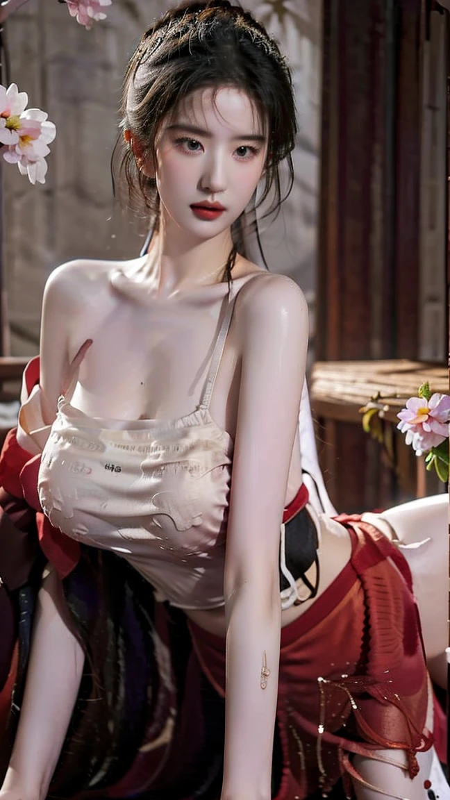 Create an image of Lillia in her newest skin, 'Spirit Blossom,' from League of Legends by Riot Games,massive k-cups, She’s dressed in an ethereal, kimono-inspired outfit with floral patterns, featuring a flowing robe with cherry blossom accents, delicate antlers adorned with flowers, and a glowing, magical staff.