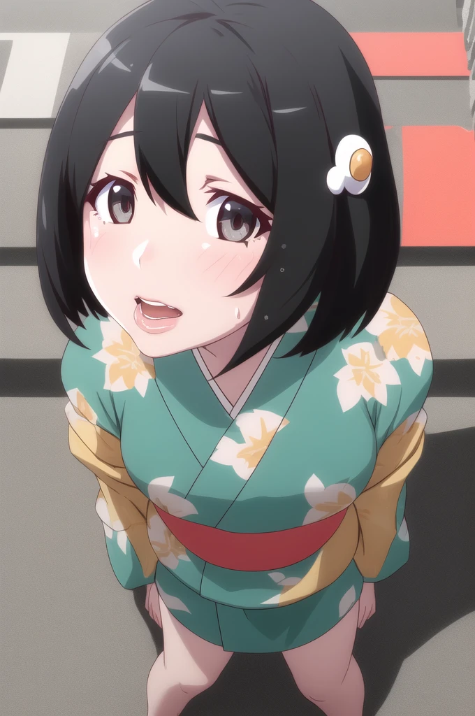One Girl, alone, Watching,
araragitsukihi, hair ornaments,short hair, Ahoge, Unpack the box,An open-front kimono,Full view of breasts,Blue kimono, egg hair ornaments, Parted bangs,,Panties in full view,Sweat,Open the slit,anger,blush, Open your mouth,((Covered in semen))