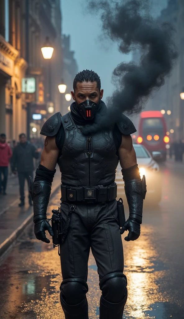 A muscular black man,detailed face,intense expression,wearing a dark mask,holding two sharp blades in his hands,powerful stance,dramatic lighting,gritty urban environment,dark moody atmosphere,cinematic camera angle,chiaroscuro lighting,high contrast,detailed textures,digital art,concept art,hyperrealistic,unreal engine,8k,best quality,ultra-detailed,photorealistic