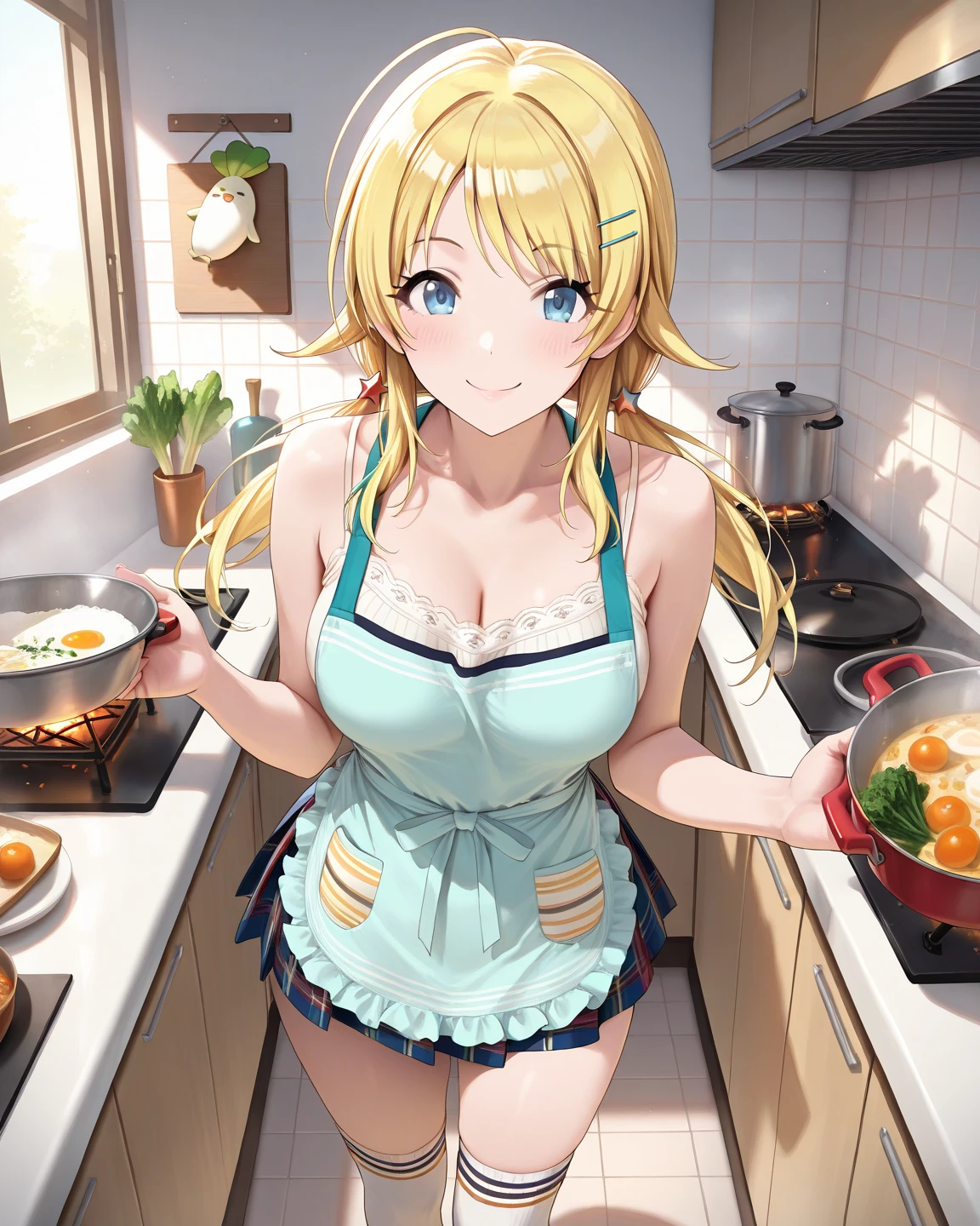 (anime artwork, anime style, studio anime, very detailed, up to date, vibrant, Anime Coloring, high contrast, masterpiece:1.2, best quality, best aesthetics),2 girl, Medium chest, A glimpse of thighs,random hair, One eye is hidden by the bangs, perfect proportions, high detail skin, Cute, detailed faces,kitchen, precise fingers,curvy, large breasts,cooking,apron on naked body,