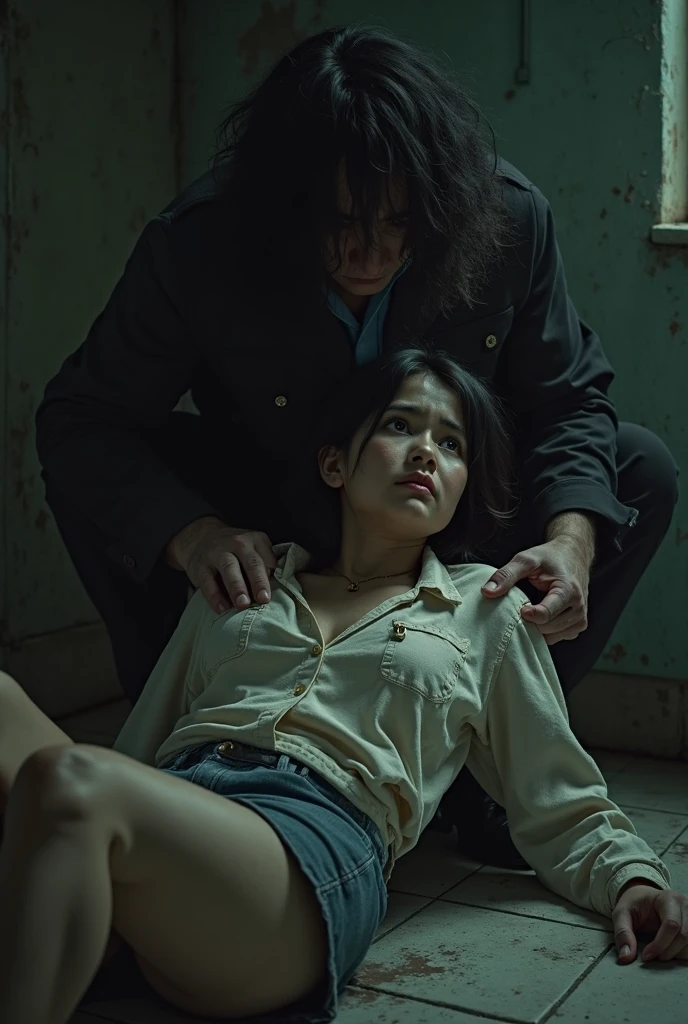 A scary Japanese female ghost covered in blood（Kanna Hashimoto）and American Zombies（Nicolas cage）The dramatic scene of them fighting、Pants exposed