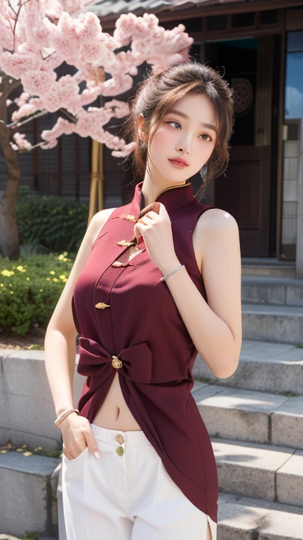 Symmetrical eyes:1.3、short hair、(Dress with big side slits)、(Upper Bodynaked)、 (Cheongsam Top:1.2), naked, Frills, zettai ryouiki, Stocking Tights, chinese style embroidery}, Upper Body