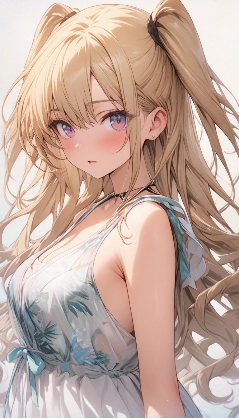 High resolution, masterpiece, Textured skin, Very long hair, Ahoge, Colorful Hair, Parted bangs, Hair blowing in the wind, Large Breasts, smile, Open your mouth a little, Back view, Character portrait, Background blur, Alphonse Mucha,