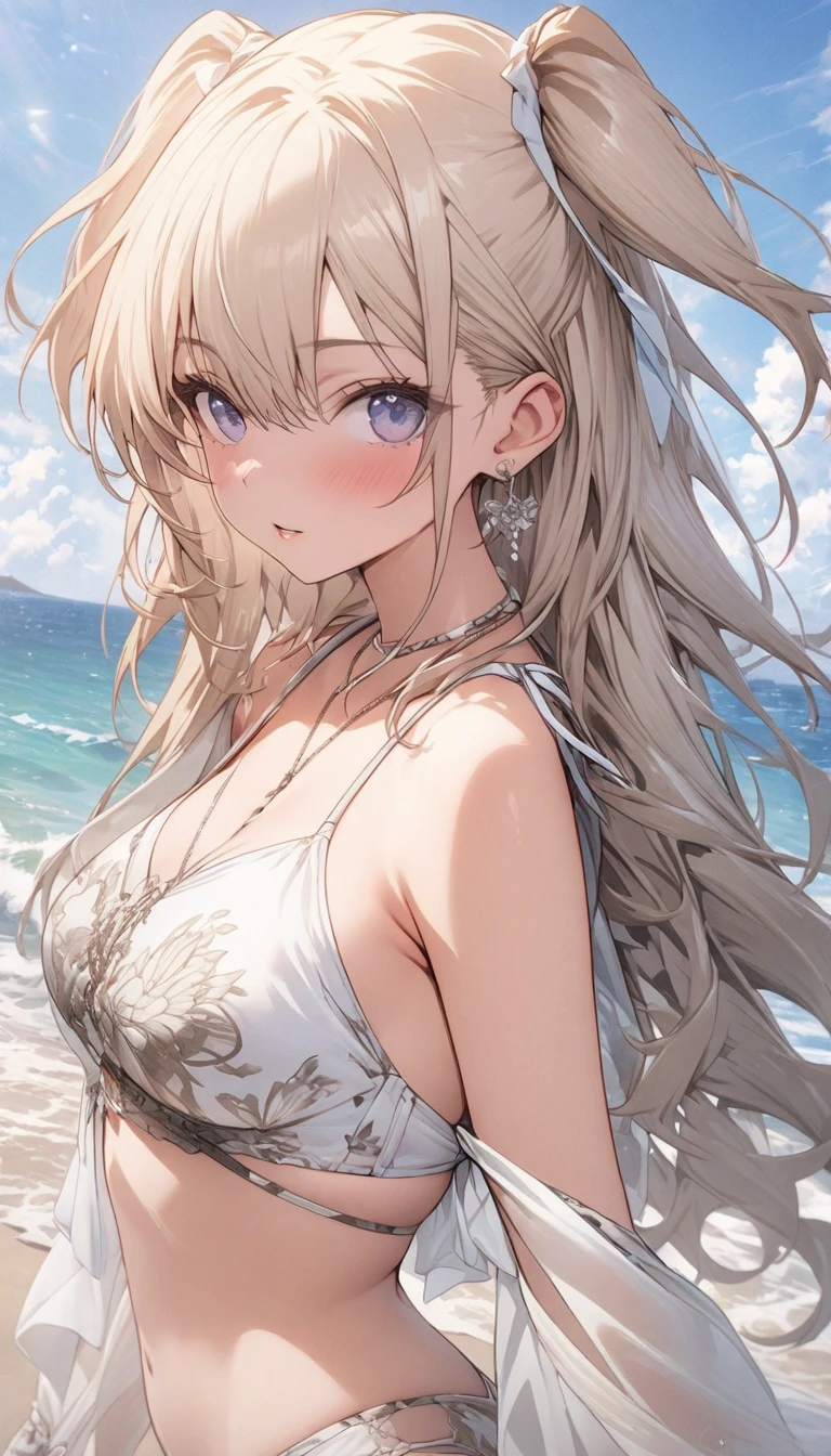 2位very漂亮的瑞典18 歲漂亮的女孩、 Grey-haired blonde、 （（ Sexy and gorgeous transparent underwear and panties））、(Colorful transparent underwear and panties) 、very、 Shiny skin、 White skin、 Laughter、 Beautiful Bangs、 Long and straight、 2位絲般美麗的Grey-haired blonde女郎、 Shiny Hair、 Very long, Very straight and flowing hair、 eyeliner、 Small Face、 Very large and firm breasts、 The clear blue eyes of the sea、 Shining with beautiful light、 Earrings, pendant, Hats and bracelets hanging from the ears、Beautiful and clever girl、 Take a full-body photo of the two of you splashing around on an outdoor beach、 watching the future