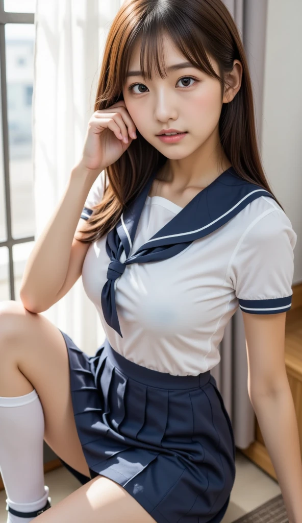 (Super High Definition, 8K, Super Delicate), Sailor Suit, Super Cute, High School Student, Beautiful Eyes, Beautiful Nose, Beautiful Skin, Beautiful Fingers, Full Body, Classroom