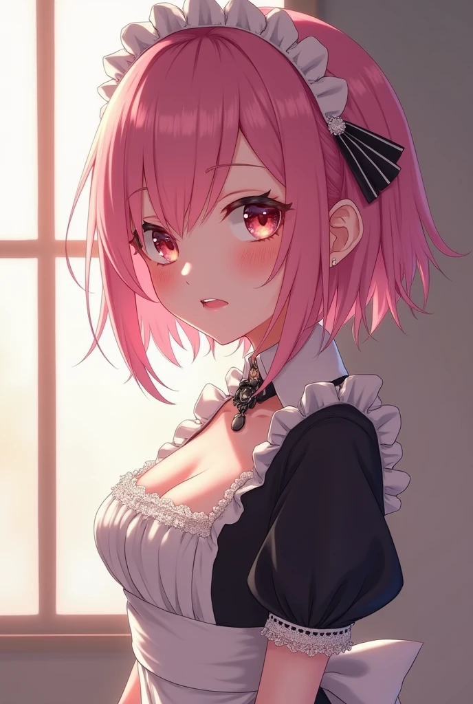 pink hair, very very white hair, big, light pink eyes, white skin, very large breasts, Black Maid outfit, short hair, very white legs, sexy, slangy