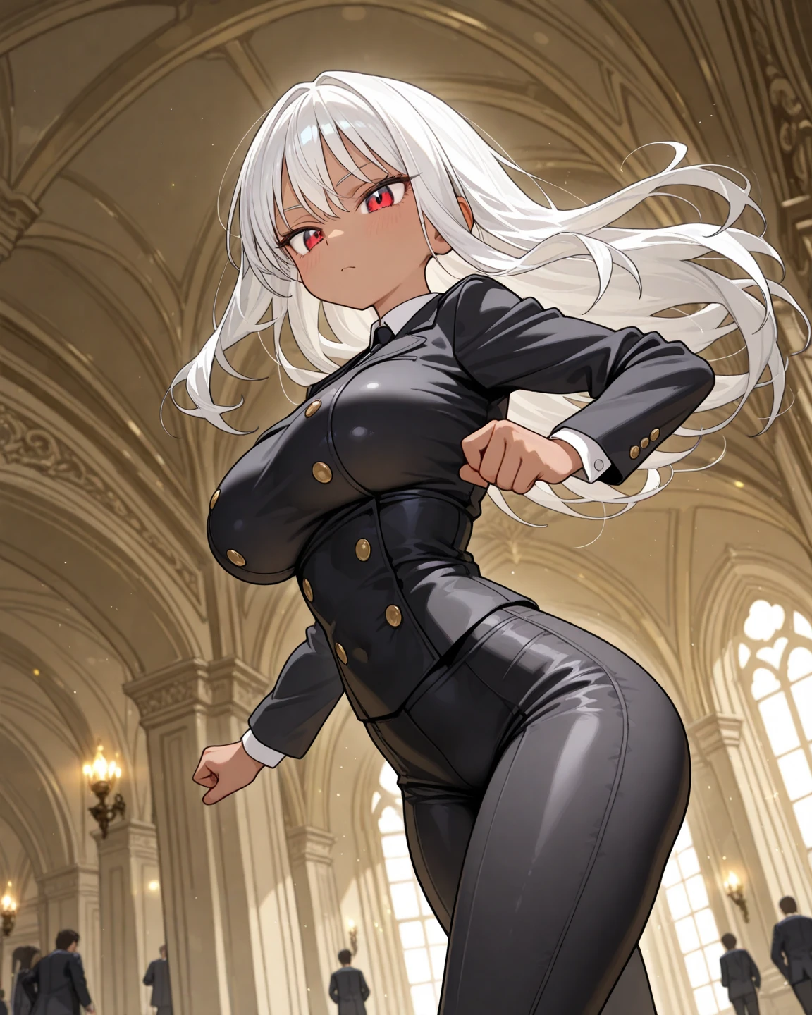 (Foco frontal),(No escuro:1.6), (master part, of the highest quality, Melhor, Arte Oficial, Beautiful and Aesthetic:1.2), Jogo CG, CG altamente detalhado e realista, colorido, master part, best quality, olhos de joia, 1girl, sozinho, (cabelos grisalhos:1.5), cabelos brilhantes, cabelos lisos muito longos, Caudas duplas, delgado, pernas magras, magical girl, vestido de princesa, vestido de festa, black magic dress, mini saia em camadas, tiro de calcinha, black pants, magic boots, Zettairyouiki, olhos negros, olhos vazios, seios estourados, Sagging Tits, clivagem, luvas de cotovelo pretas, latex, Sorriso, sorrir, Olhos de gabarito, jitome, olhos semifechados, Tsurime, de POV, Melhor quality eyes, dentes afiados, Tsundere, inclinando-se para a frente, hands on hip, Provocando, smug, boca aberta, Presas, Tongue out, (foco nítido:1.2), fita grande, cocar bonito, botas de luxo, pele escura, orelhas de coelho,