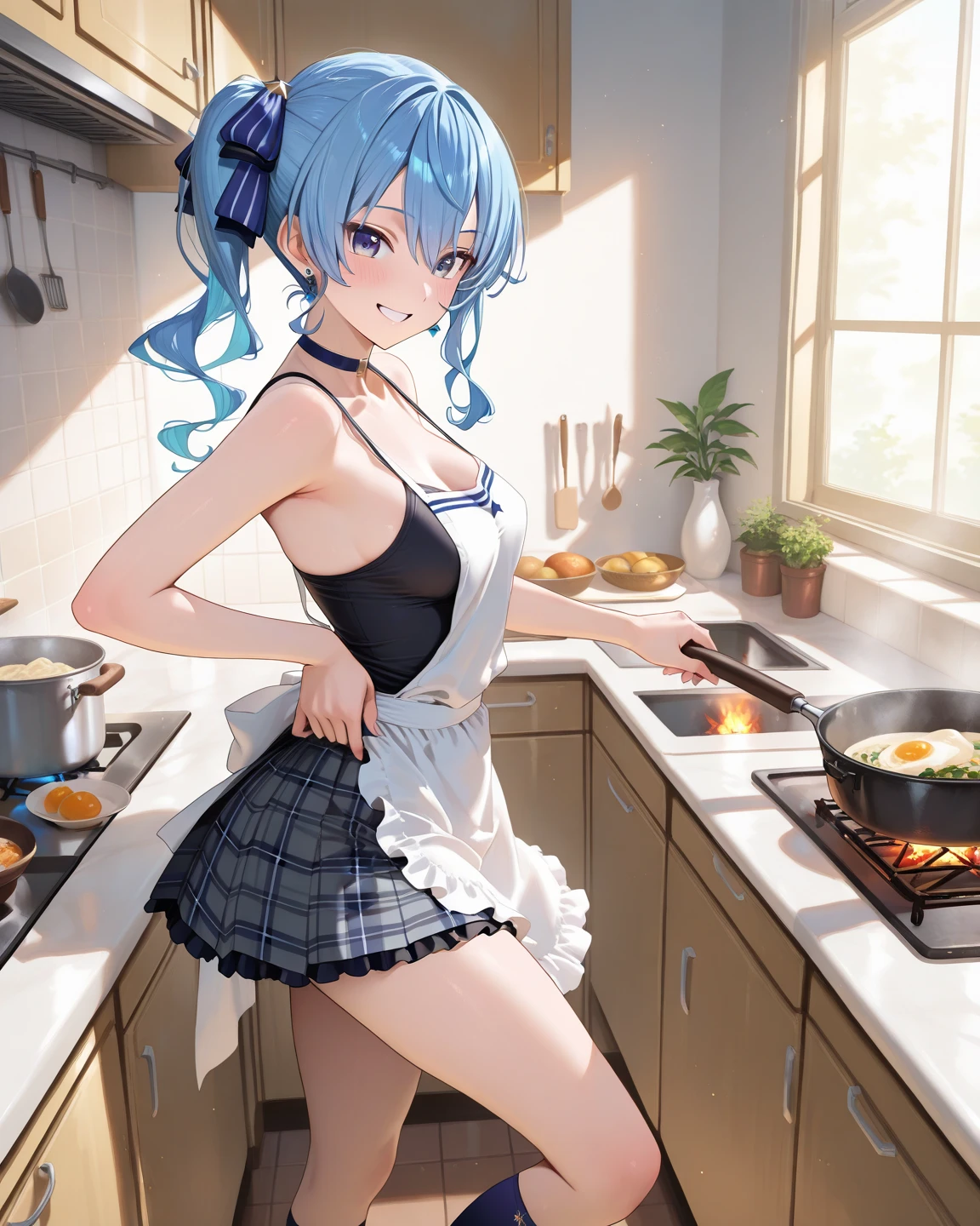 Light blue hair woman cooking in kitchen、A look of shame、shame、Naked apron、Navel out、randome pose、Maids（Messy light）、（Best Highlights）、（Best Shadows）、（highestdetailed）、（Highest image quality 8K）、（masutepiece）